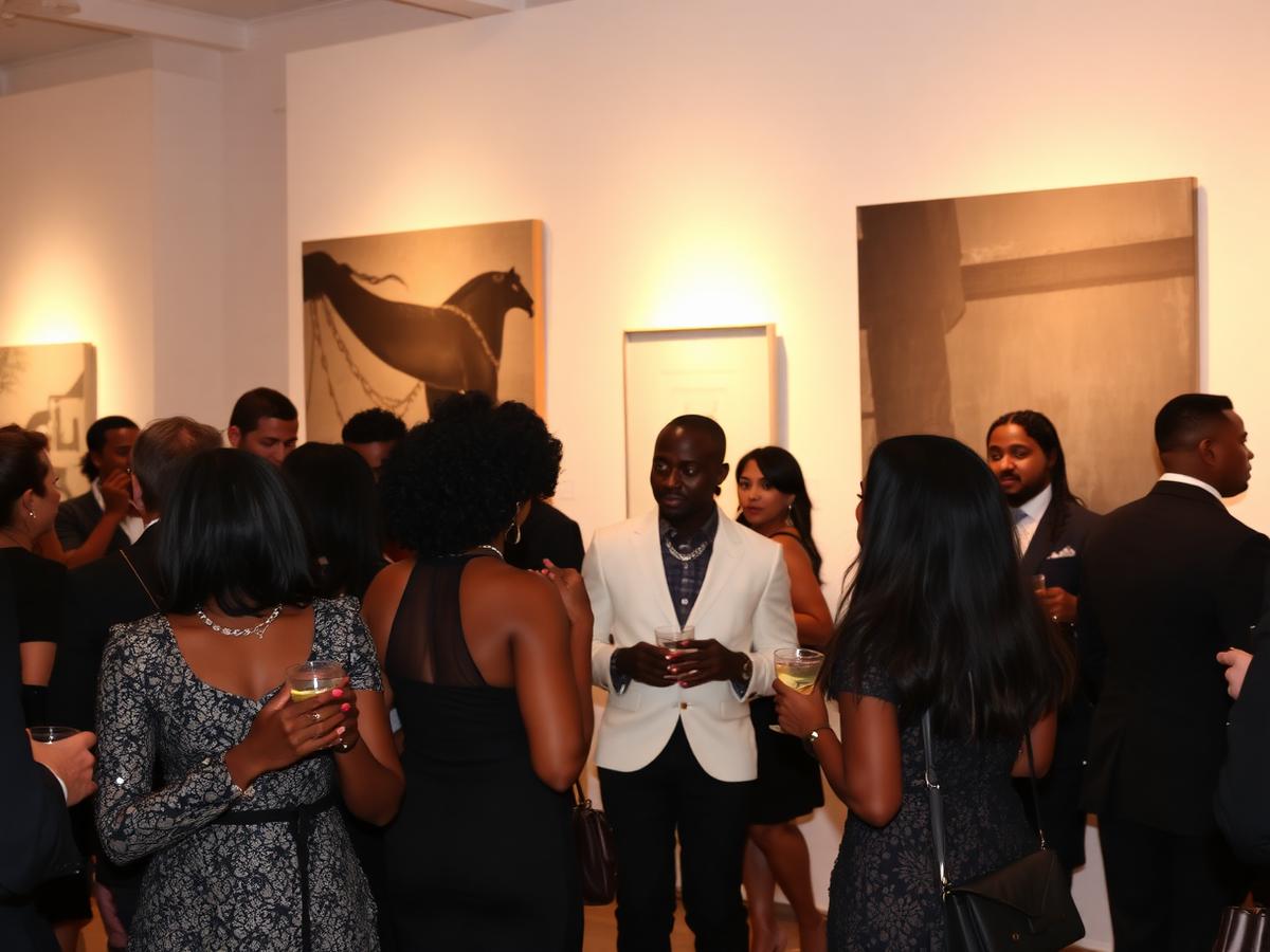 Guests at an art gallery reception holding cocktails