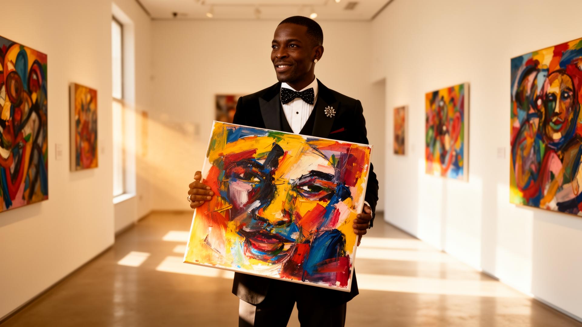 A Black collector holding an abstract painting in a sunlit gallery